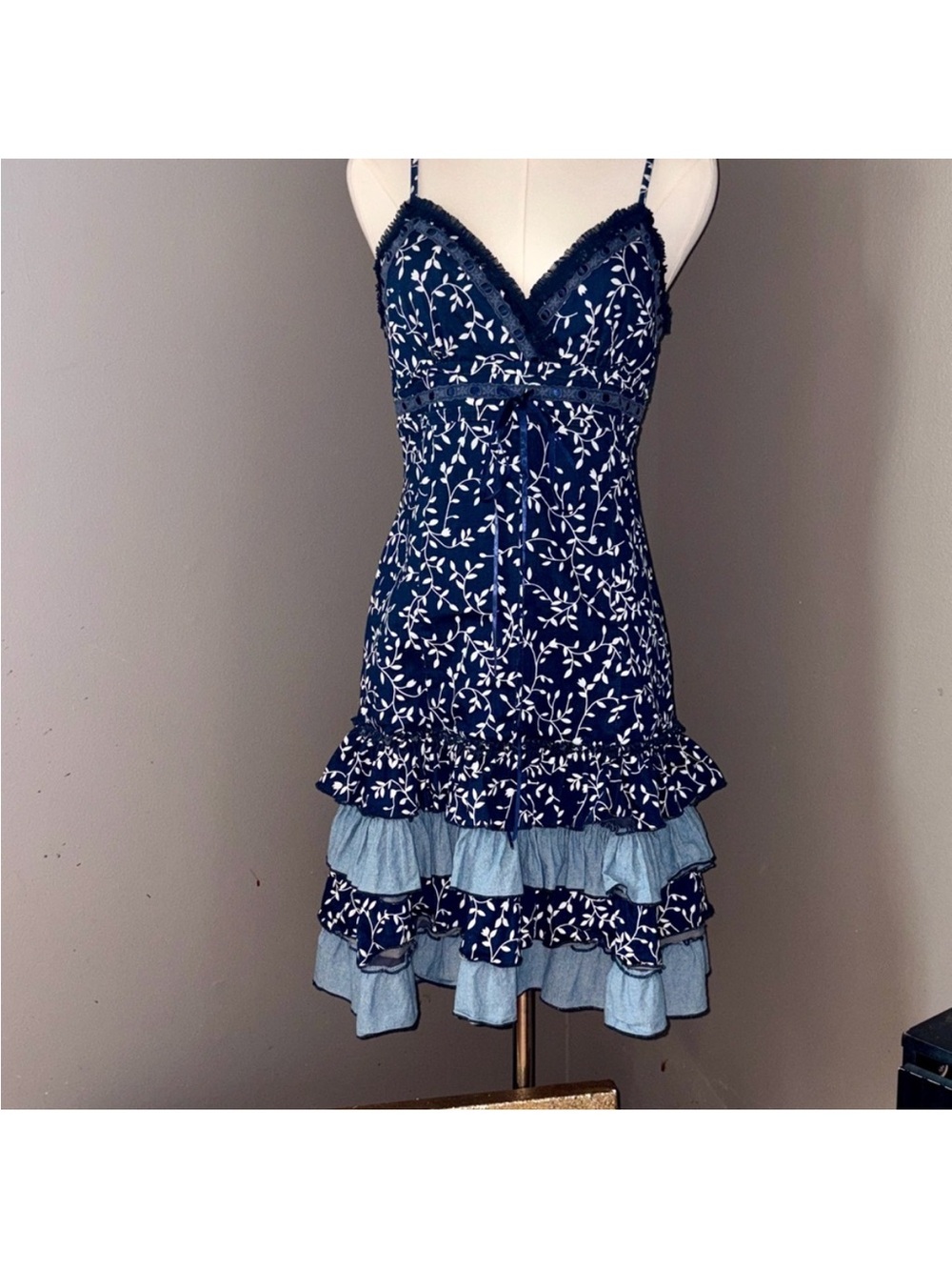 Cowgirl Dress L Western Blue Ruffles Short Rancho Estancia Country Casual Summer